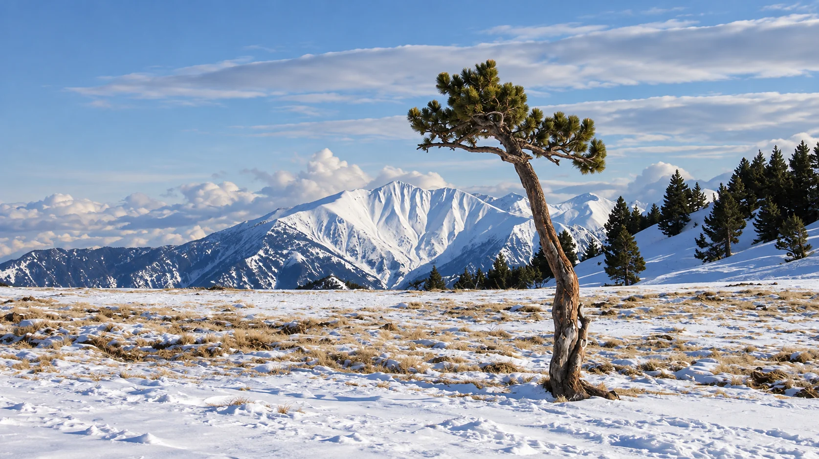 Pin isolé et montagnes enneigées du Canigou et du Madres, Pyrénées orientales.